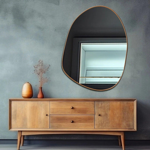 Modern Decorative Asymmetrical Bathroom Mirror with Golden Wooden Finish - Decor Mantra 
