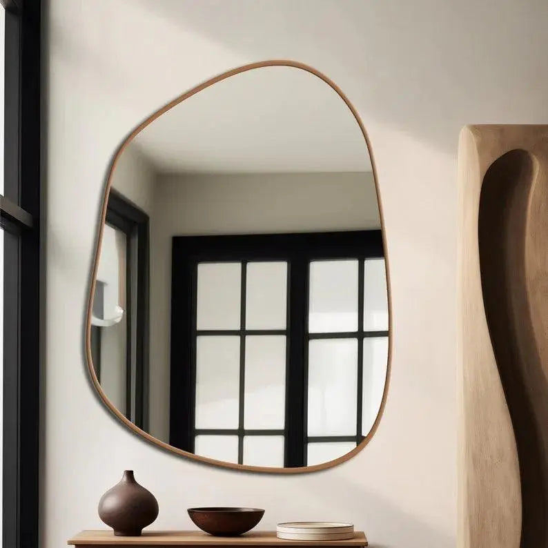 Modern Decorative Asymmetrical Bathroom Mirror with Golden Wooden Finish - Decor Mantra 