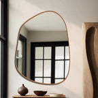 Modern Decorative Asymmetrical Bathroom Mirror with Golden Wooden Finish - Decor Mantra 