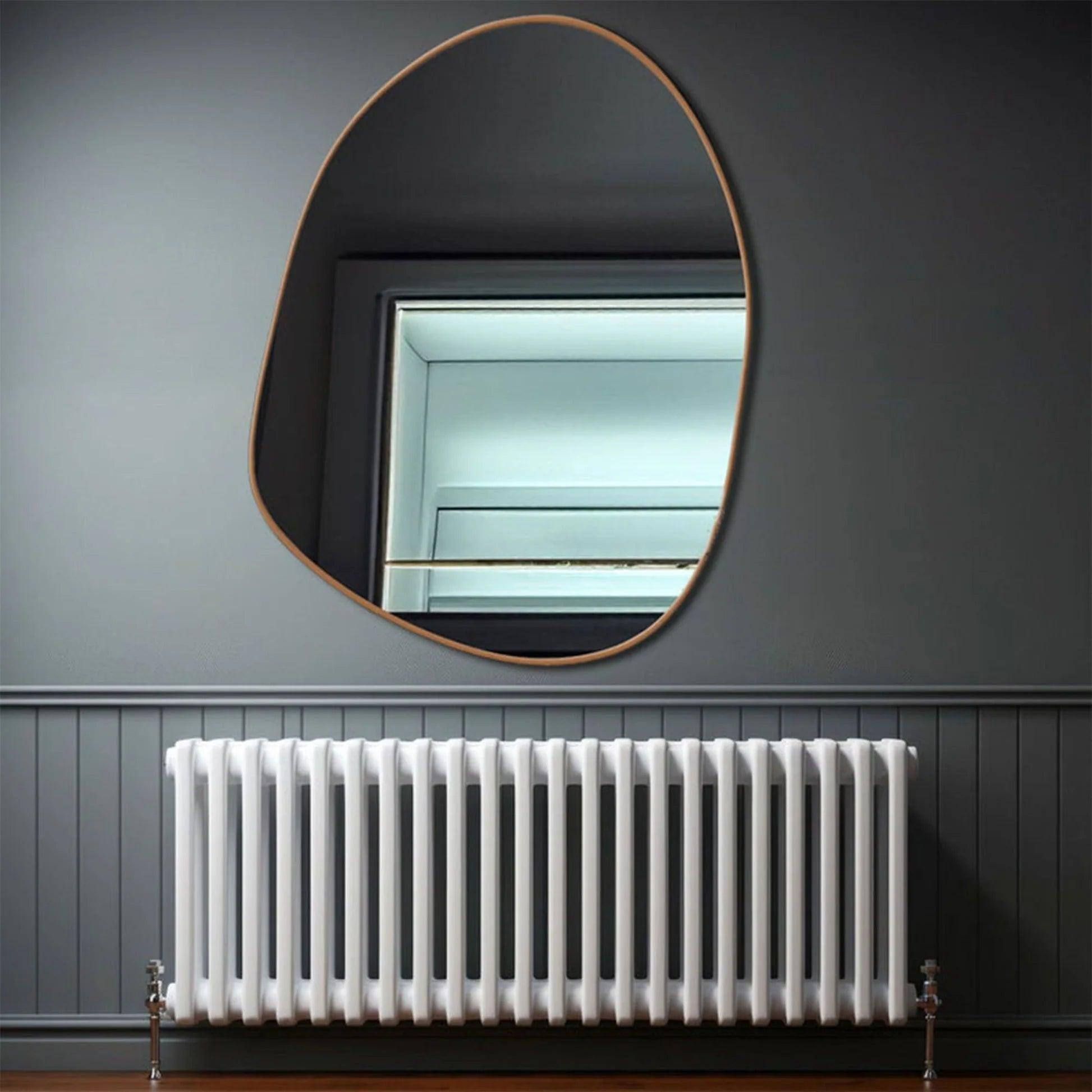 Modern Decorative Asymmetrical Bathroom Mirror with Golden Wooden Finish - Decor Mantra 