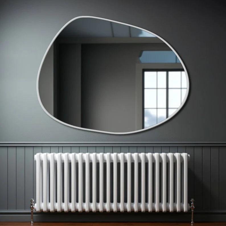 Modern Decorative Asymmetrical Bathroom Mirror with White Wooden Finish - Decor Mantra 