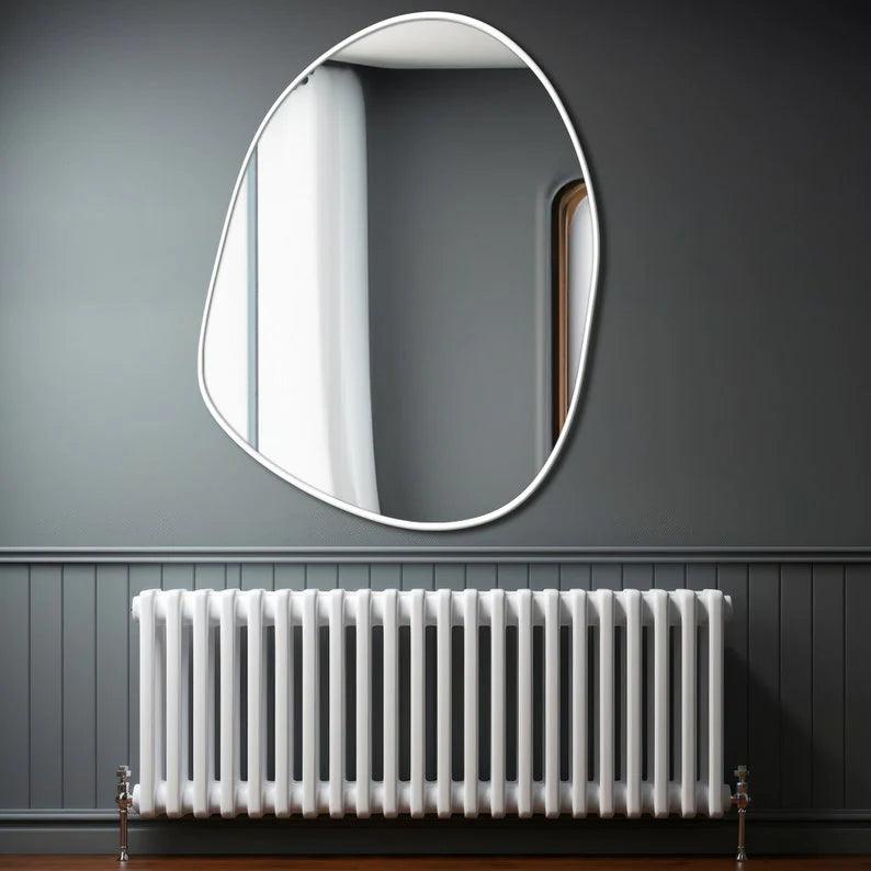Modern Decorative Asymmetrical Bathroom Mirror with White Wooden Finish - Decor Mantra 