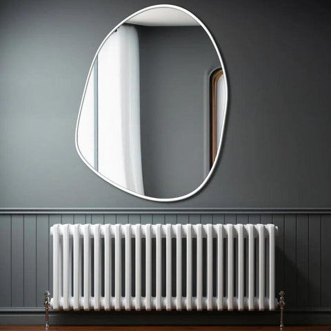 Modern Decorative Asymmetrical Bathroom Mirror with White Wooden Finish - Decor Mantra 