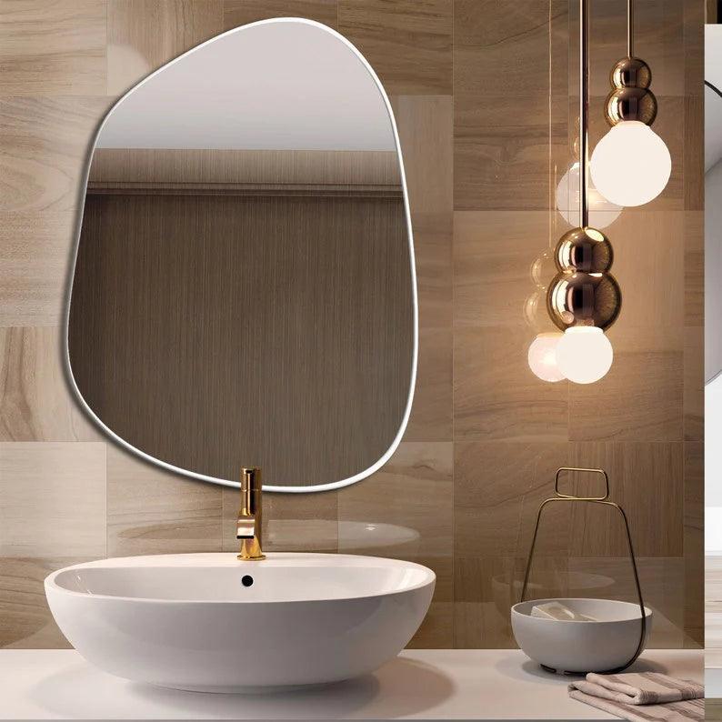 Modern Decorative Asymmetrical Bathroom Mirror with White Wooden Finish - Decor Mantra 
