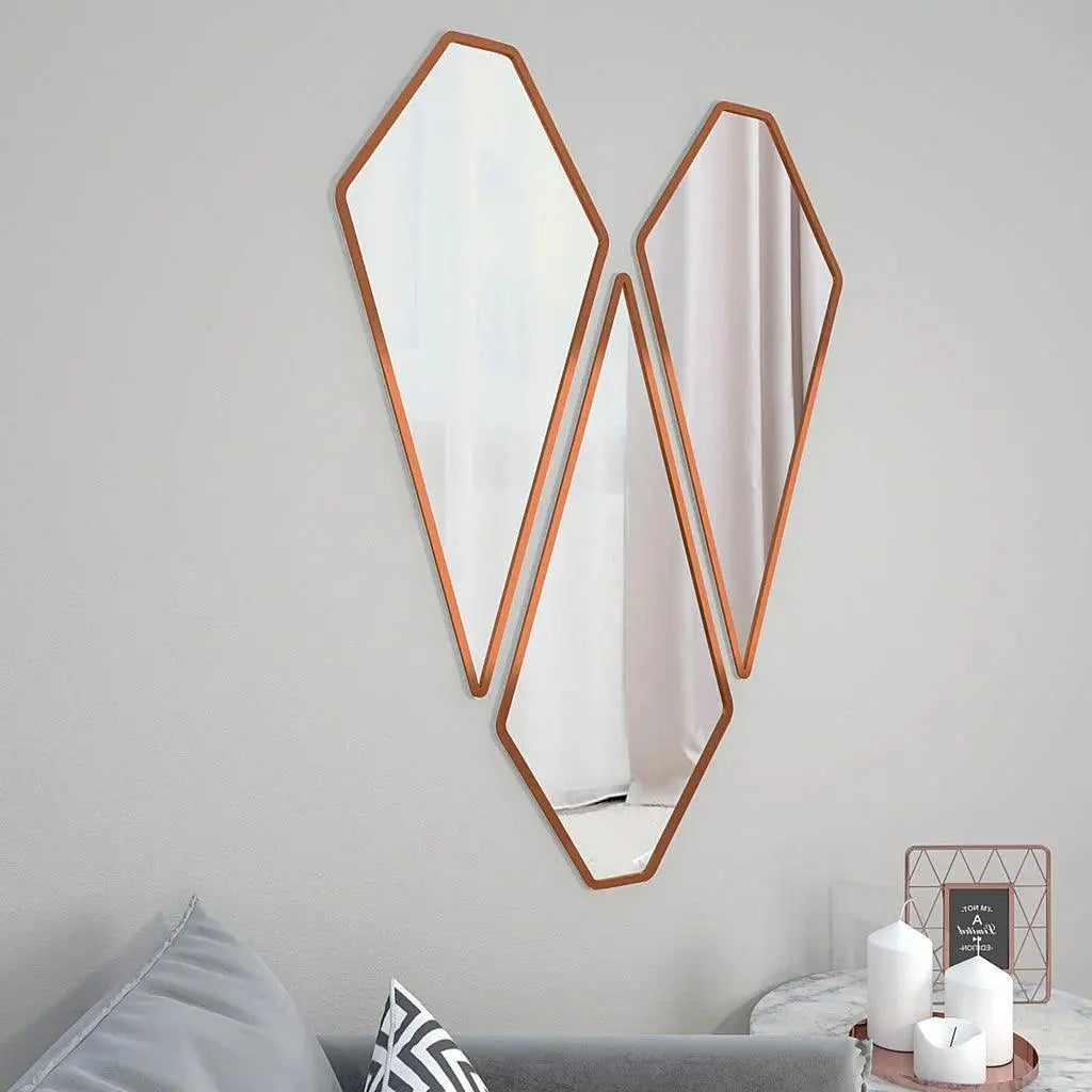 Modern Diamond Shape Vanity Mirrors Set of 3 with Copper Finish Frame - Decor Mantra 