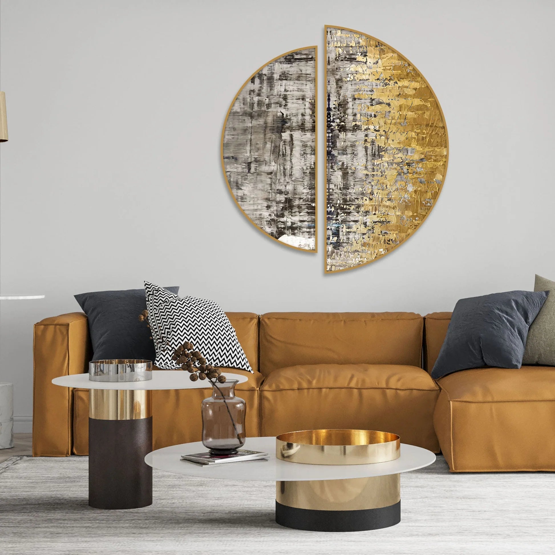 Modern Golden Abstract Textured Semi Circle Frames Set Of 2 Decor Mantra