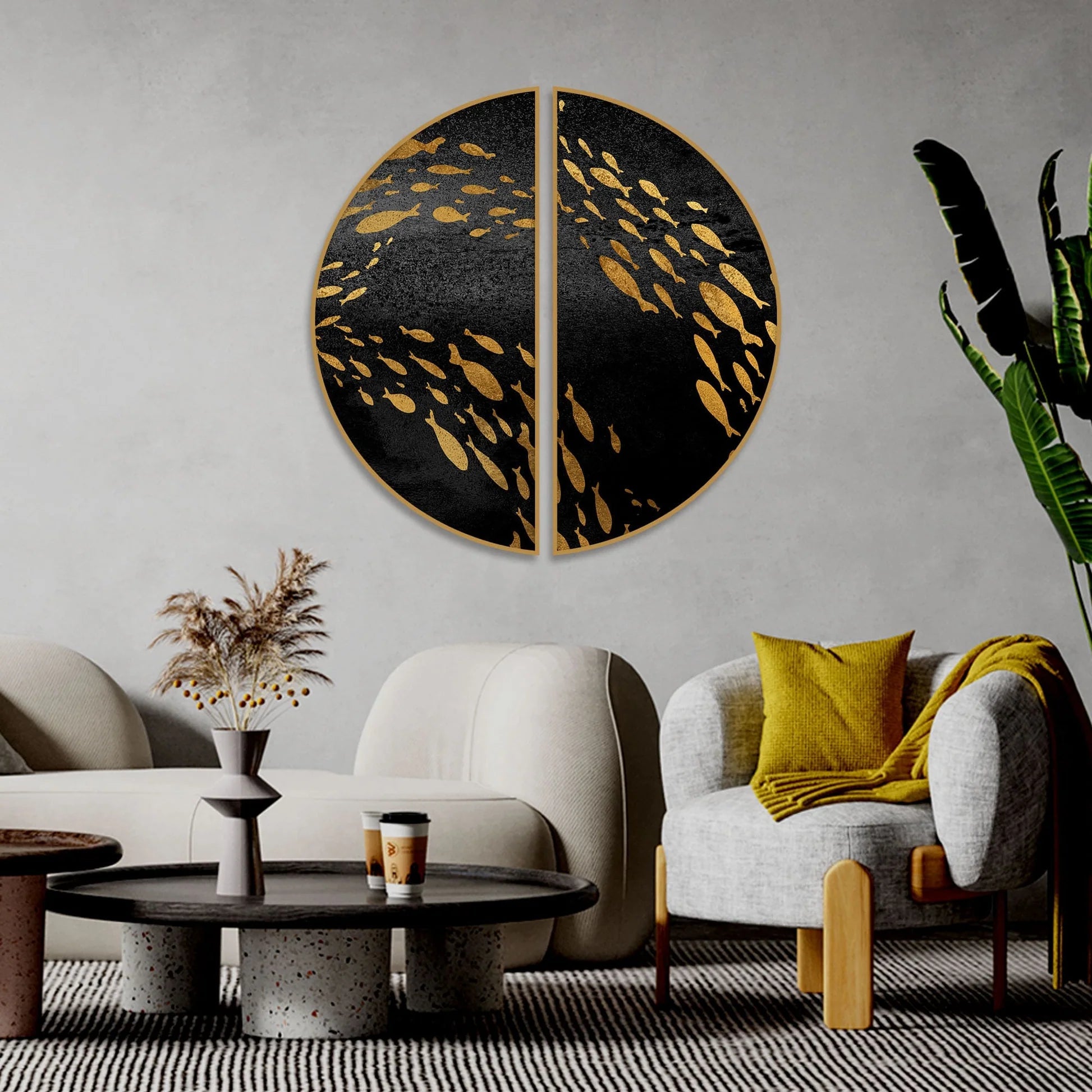 Modern Golden Fish Texture Art Semi Circle Frames Set Of 2 Decor Mantra