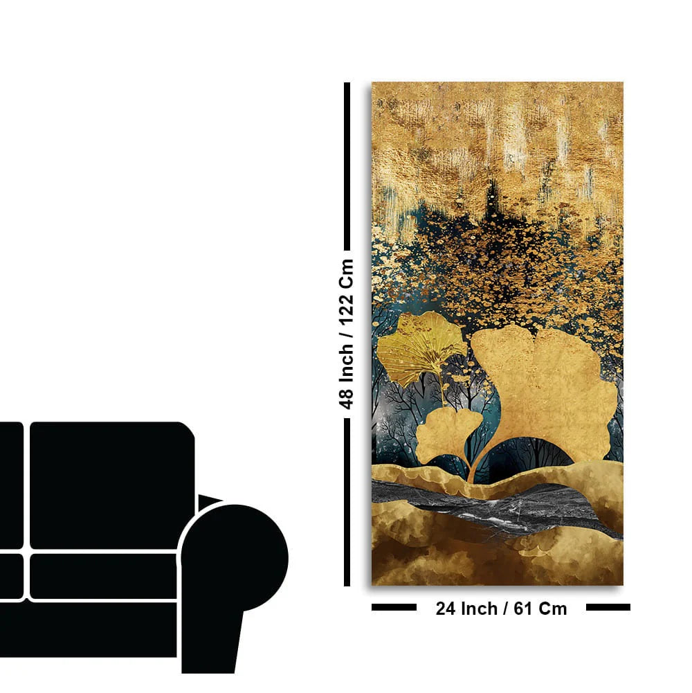 Modern Golden Ginkgo Leaves with Mountains Premium Canvas Wall Painting DECORMANTRA