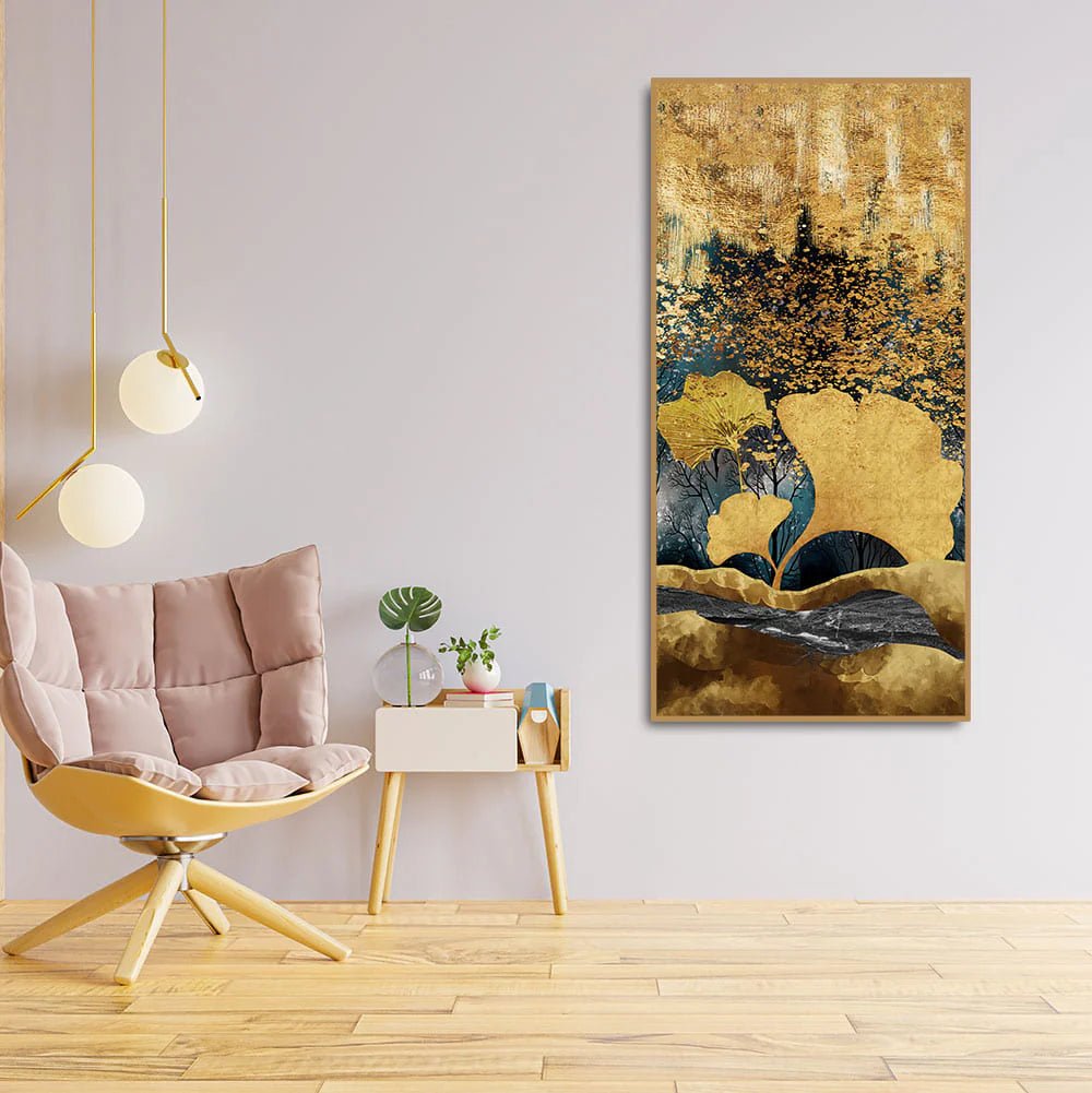 Modern Golden Ginkgo Leaves with Mountains Premium Canvas Wall Painting DECORMANTRA
