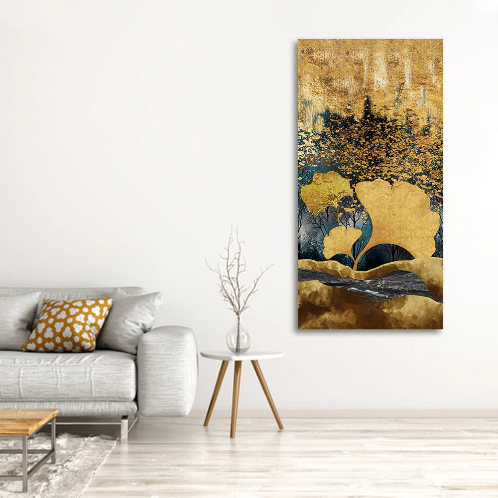 Modern Golden Ginkgo Leaves with Mountains Premium Canvas Wall Painting DECORMANTRA