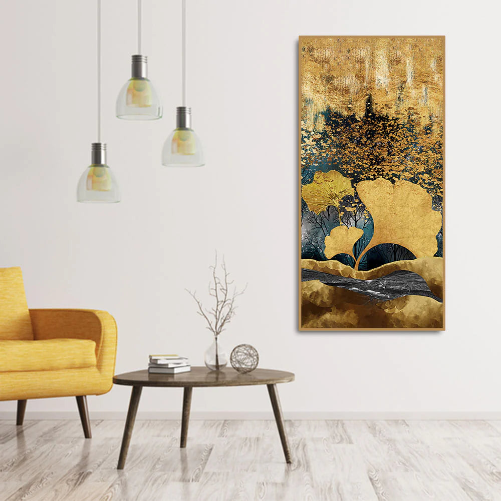 Modern Golden Ginkgo Leaves with Mountains Premium Canvas Wall Painting DECORMANTRA