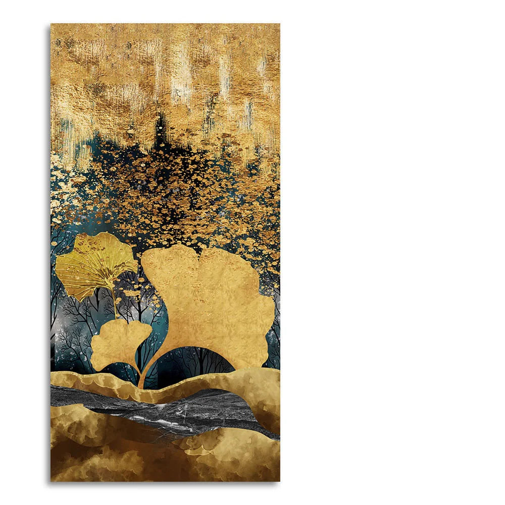 Modern Golden Ginkgo Leaves with Mountains Premium Canvas Wall Painting DECORMANTRA