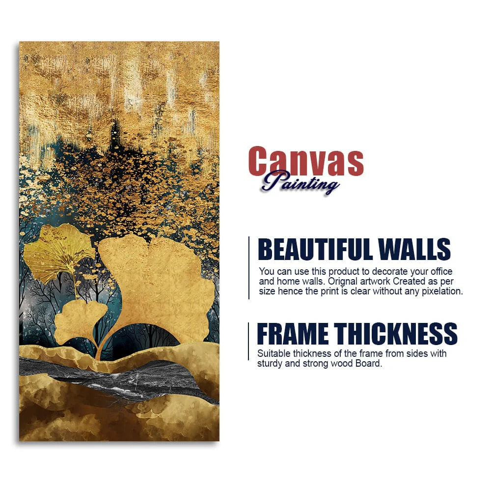 Modern Golden Ginkgo Leaves with Mountains Premium Canvas Wall Painting DECORMANTRA