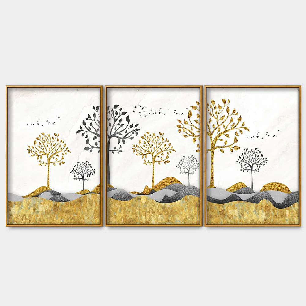 Modern Golden Tree Art Premium Floating Canvas Wall Painting Set of Three DECORMANTRA