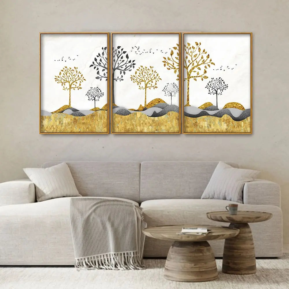 Modern Golden Tree Art Premium Floating Canvas Wall Painting Set of Three DECORMANTRA