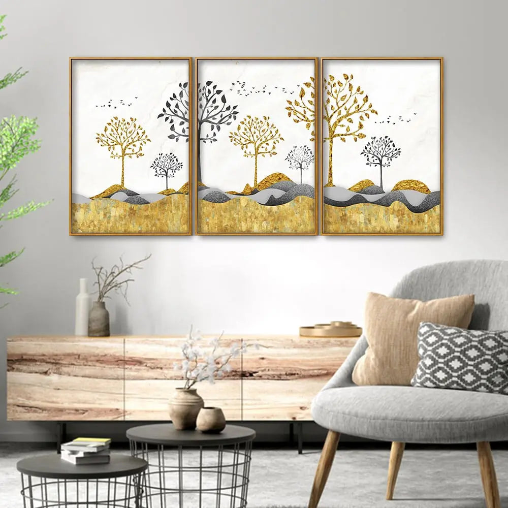 Modern Golden Tree Art Premium Floating Canvas Wall Painting Set of Three DECORMANTRA