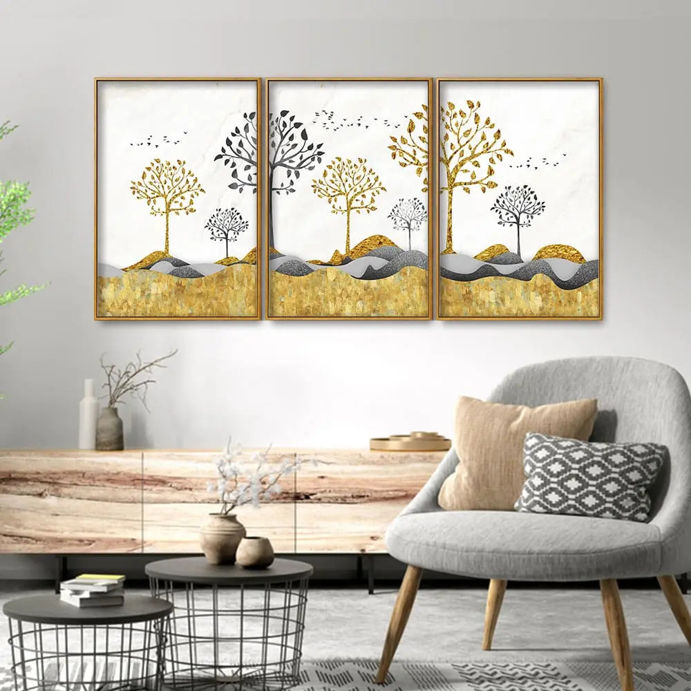 Modern Golden Tree Art Premium Floating Canvas Wall Painting Set of Three DECORMANTRA