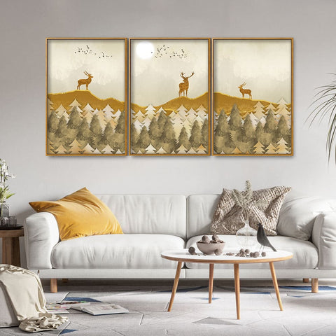 Modern Golden Tree Art Premium Floating Canvas Wall Painting Set of Three