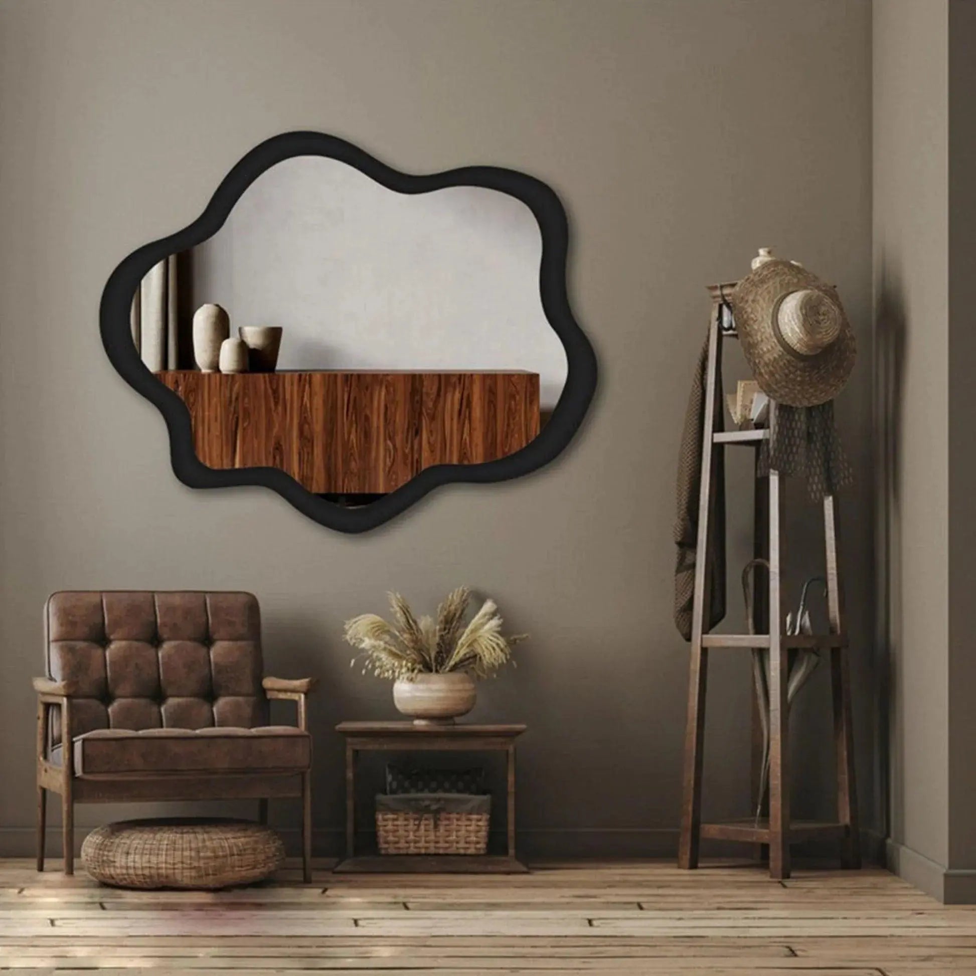Modern Irregular Bathroom Wall Mounted with Black Wooden Finish - Decor Mantra 