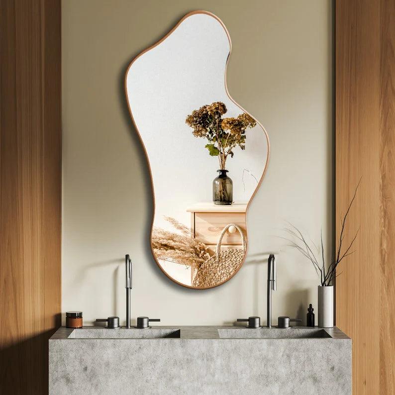 Modern Irregular Decorative Bathroom Wall Mounted with Golden Wooden Finish - Decor Mantra 