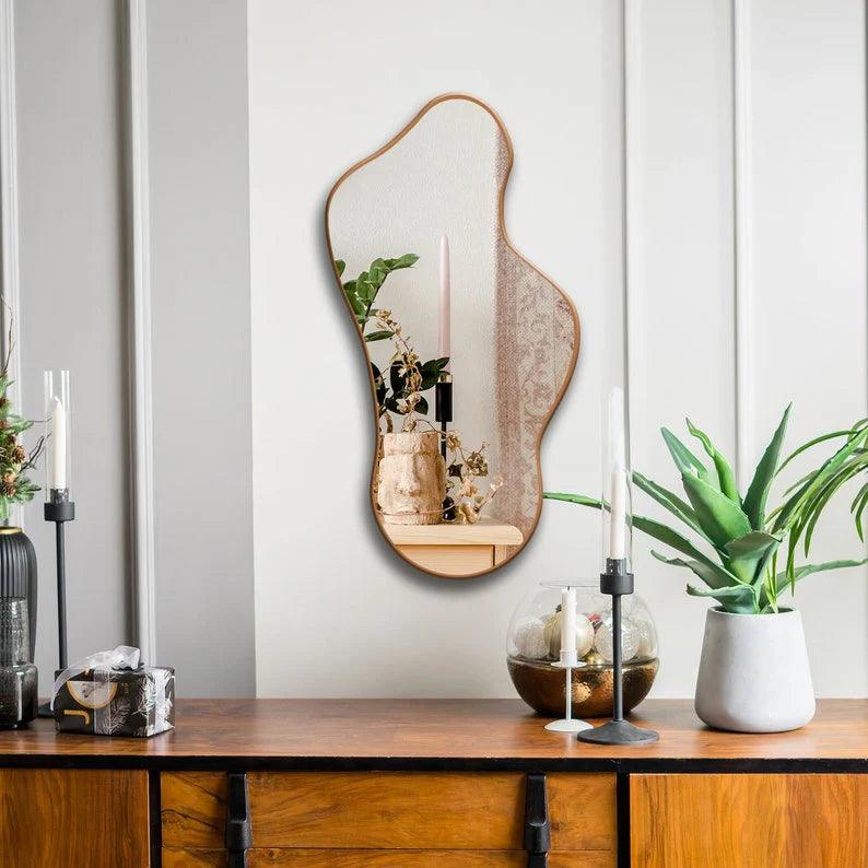 Modern Irregular Decorative Bathroom Wall Mounted with Golden Wooden Finish - Decor Mantra 