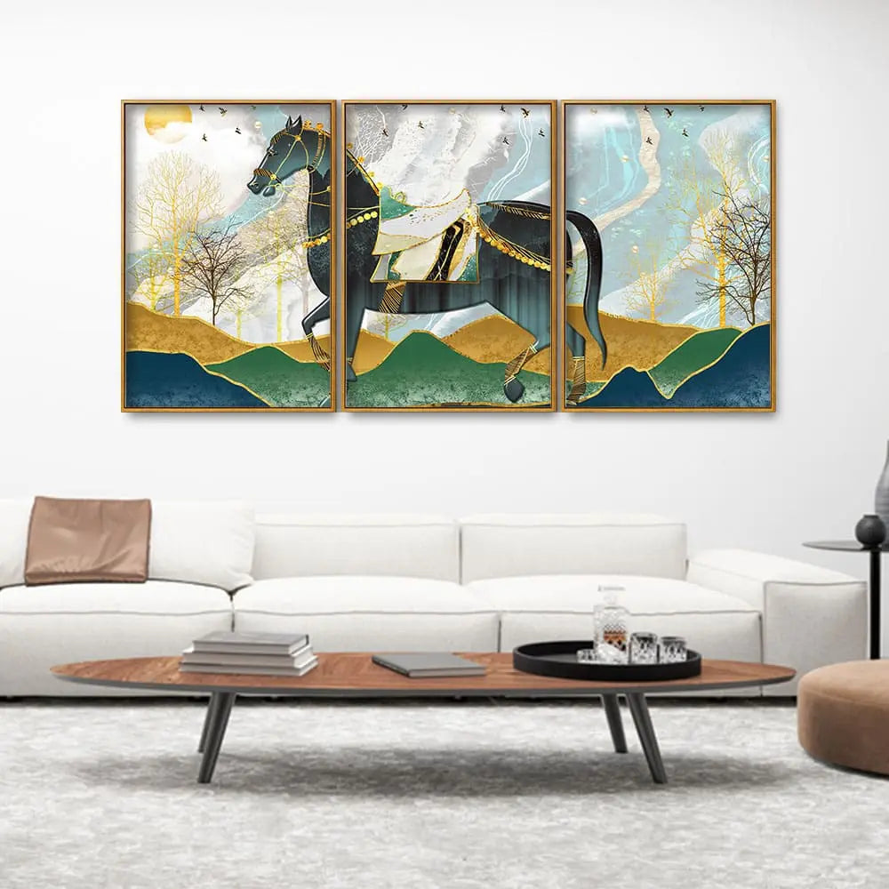 Modern Style Horse and Golden Colored Mountains Floating Canvas Wall Painting Set of Three Decor Mantra