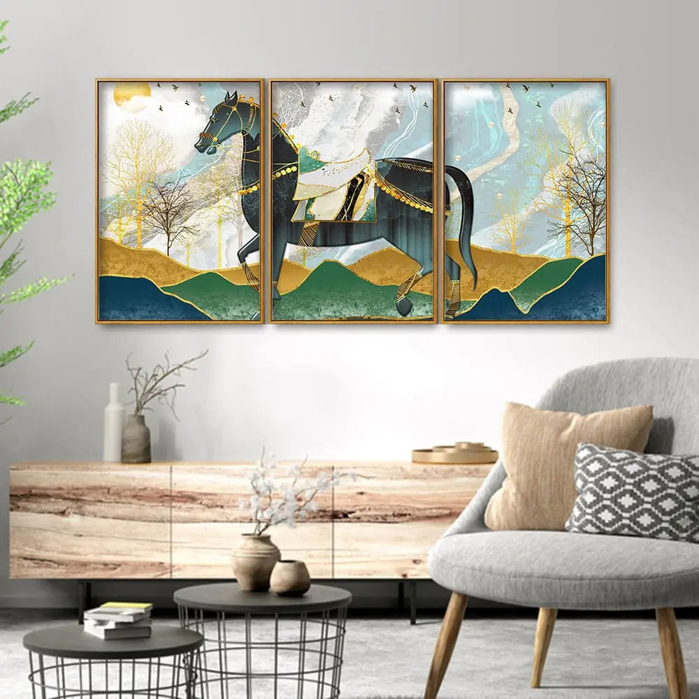 Modern Style Horse and Golden Colored Mountains Floating Canvas Wall Painting Set of Three DECORMANTRA