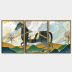 Modern Style Horse and Golden Colored Mountains Floating Canvas Wall Painting Set of Three Decor Mantra
