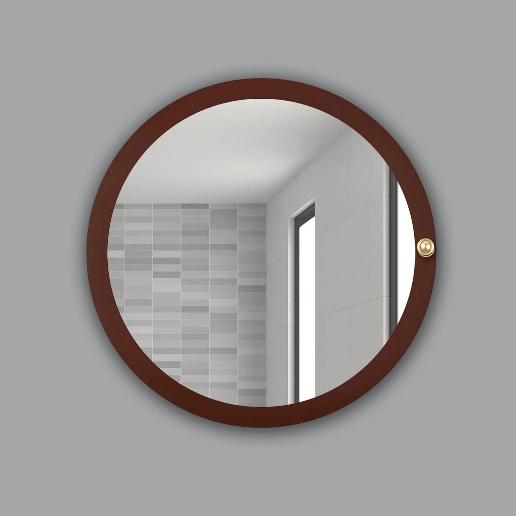 Modish Circular Wooden Bathroom Cabinet Mirror with 2 Spacious Shelves with Brown Finish - Decor Mantra 