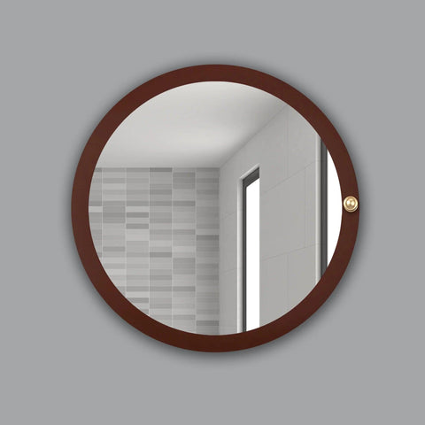 Modish Circular Wooden Bathroom Cabinet Mirror with 2 Spacious Shelves with Brown Finish - Decor Mantra 