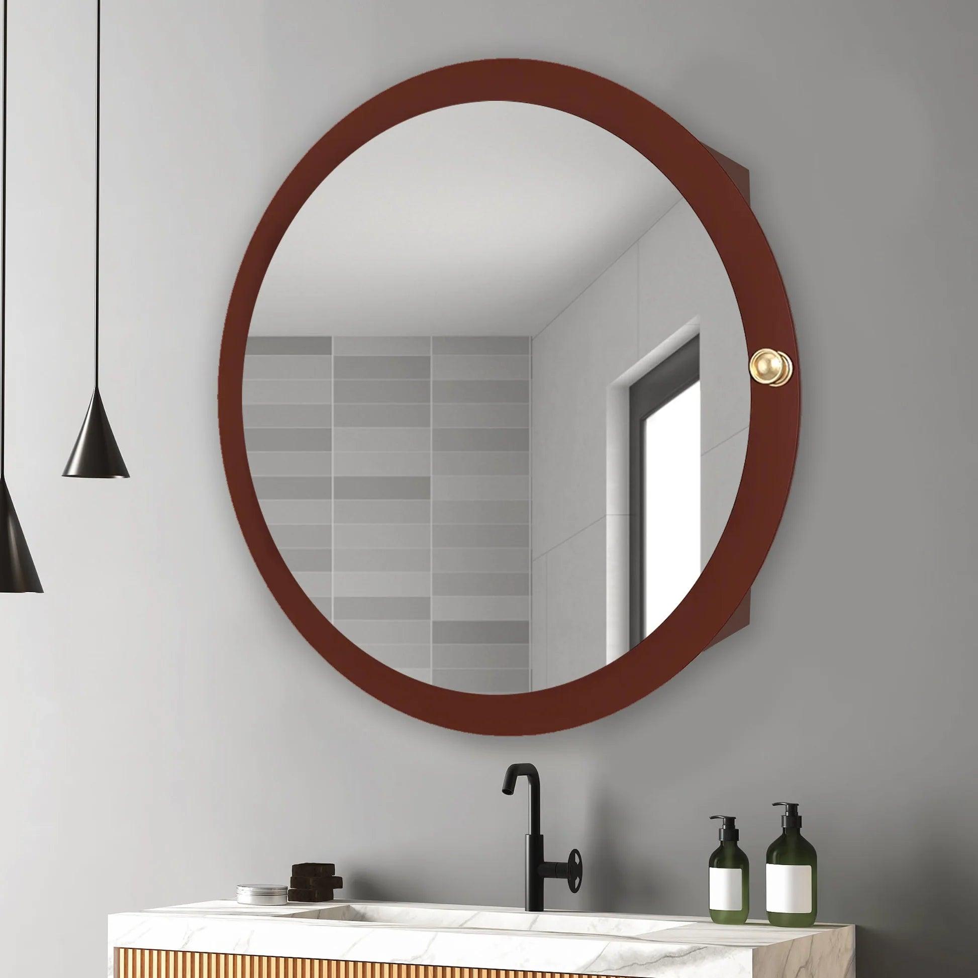 Modish Circular Wooden Bathroom Cabinet Mirror with 2 Spacious Shelves with Brown Finish - Decor Mantra 