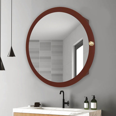Modish Circular Wooden Bathroom Cabinet Mirror with 2 Spacious Shelves with Brown Finish - Decor Mantra 