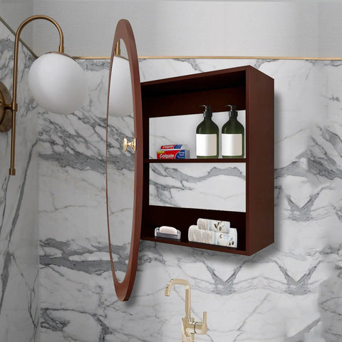 Modish Circular Wooden Bathroom Cabinet Mirror with 2 Spacious Shelves with Brown Finish - Decor Mantra 