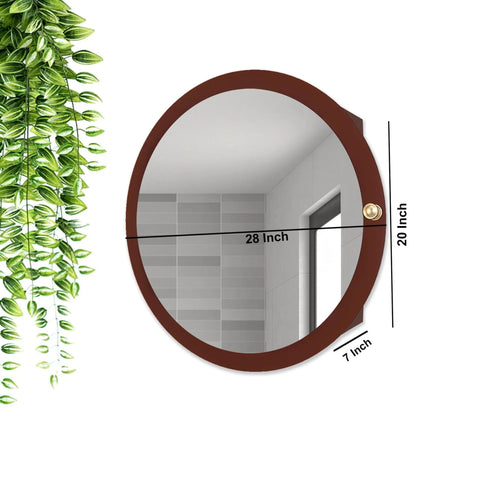 Modish Circular Wooden Bathroom Cabinet Mirror with 2 Spacious Shelves with Brown Finish - Decor Mantra 