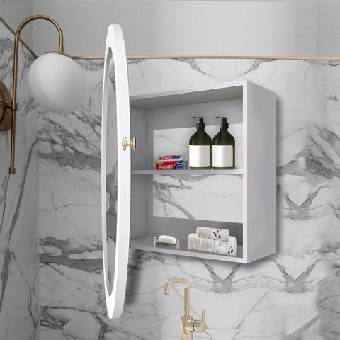 Modish Circular Wooden Bathroom Cabinet Mirror with 2 Spacious Shelves with White Finish - Decor Mantra 