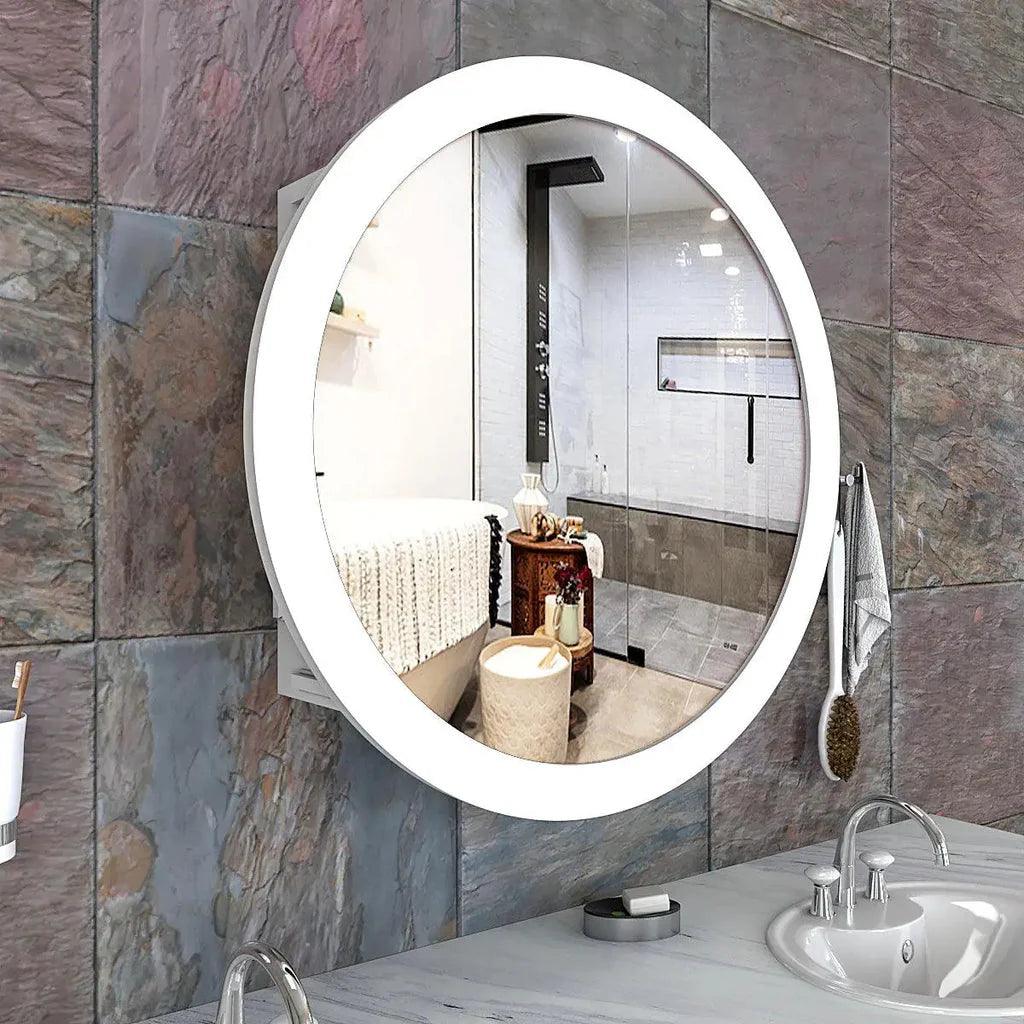 Modish Circular Wooden Bathroom Cabinet Mirror with 2 Spacious Shelves with White Finish - Decor Mantra 