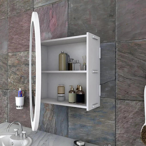 Modish Circular Wooden Bathroom Cabinet Mirror with 2 Spacious Shelves with White Finish - Decor Mantra 