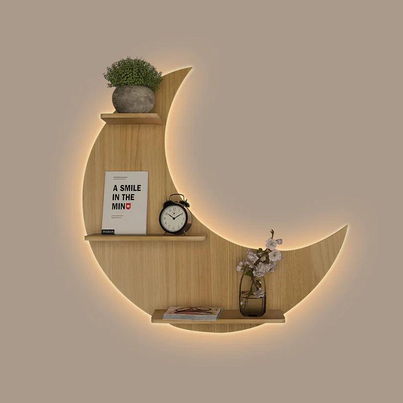 Moon Backlit Designer Wooden Wall Shelf / Book Shelf, Oak Finish - Decor Mantra 