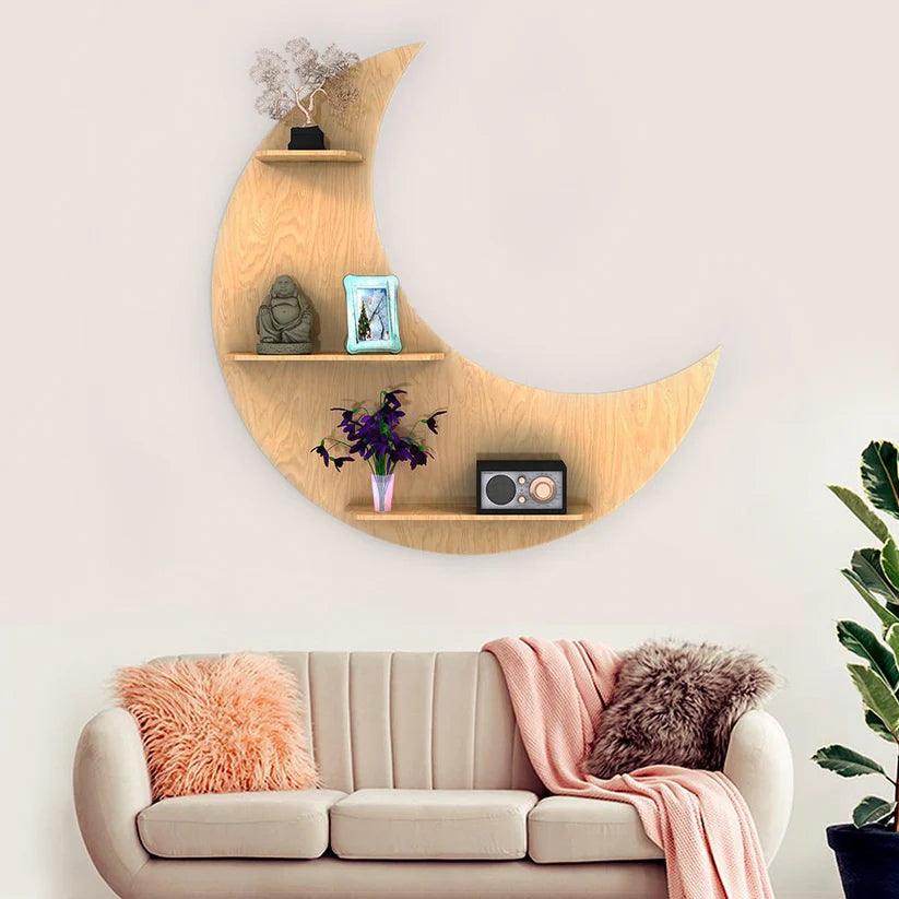Moon Backlit Designer Wooden Wall Shelf / Book Shelf, Oak Finish - Decor Mantra 