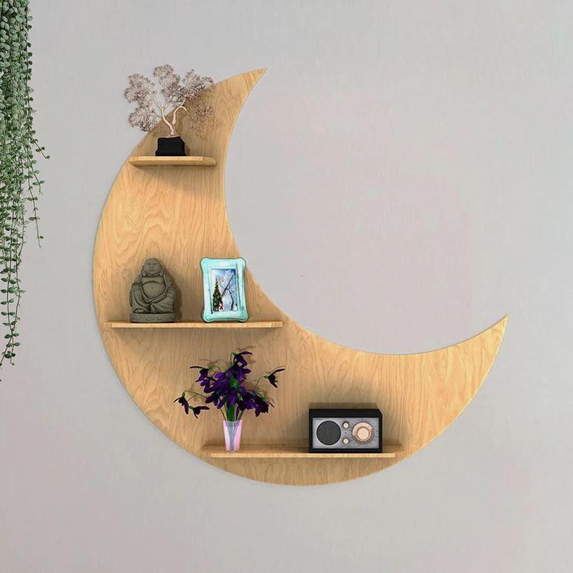 Moon Backlit Designer Wooden Wall Shelf / Book Shelf, Oak Finish - Decor Mantra 