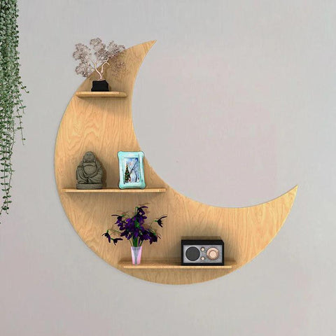 Moon Backlit Designer Wooden Wall Shelf / Book Shelf, Oak Finish - Decor Mantra 
