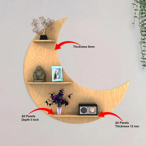 Moon Backlit Designer Wooden Wall Shelf / Book Shelf, Oak Finish - Decor Mantra 