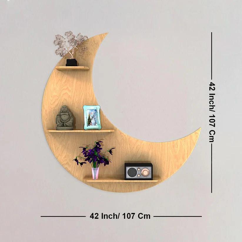 Moon Backlit Designer Wooden Wall Shelf / Book Shelf, Oak Finish - Decor Mantra 