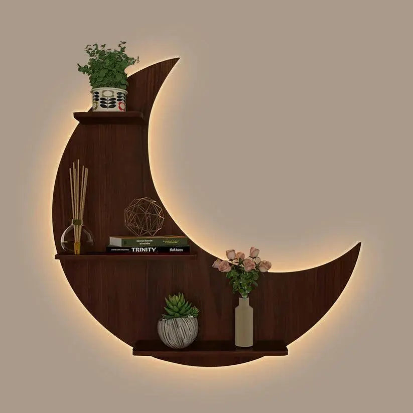Moon Backlit Designer Wooden Wall Shelf / Book Shelf, Walnut Finish - Decor Mantra 