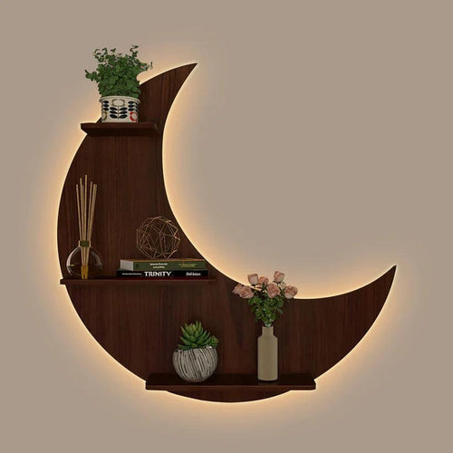 Moon Backlit Designer Wooden Wall Shelf / Book Shelf, Walnut Finish - Decor Mantra