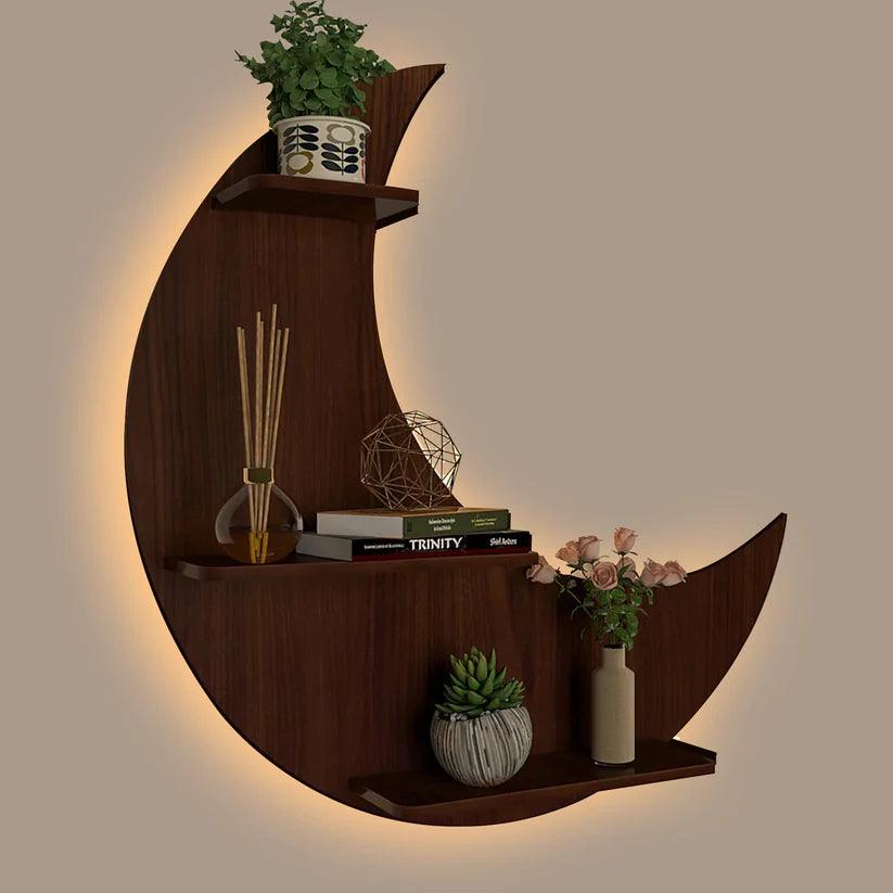 Moon Backlit Designer Wooden Wall Shelf / Book Shelf, Walnut Finish - Decor Mantra 