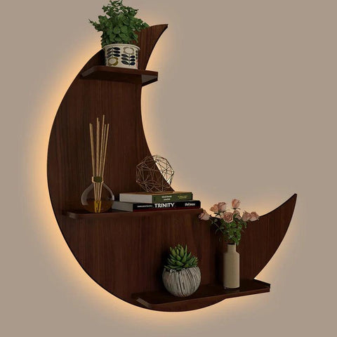 Moon Backlit Designer Wooden Wall Shelf / Book Shelf, Walnut Finish - Decor Mantra 