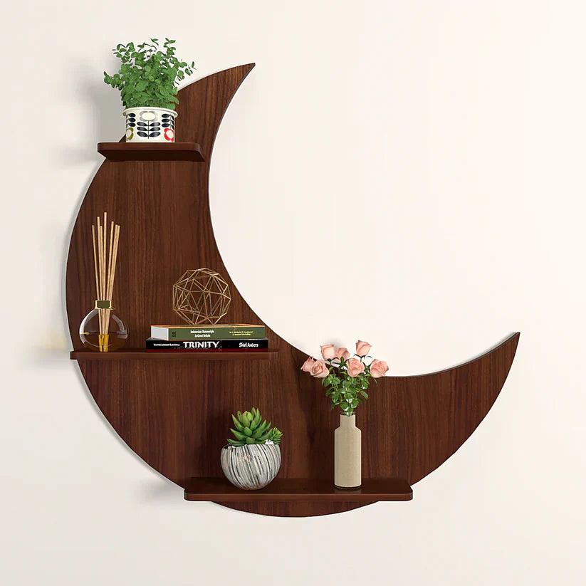 Moon Backlit Designer Wooden Wall Shelf / Book Shelf, Walnut Finish - Decor Mantra 
