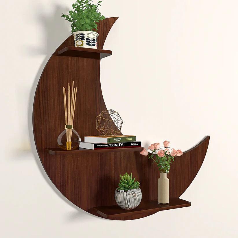 Moon Backlit Designer Wooden Wall Shelf / Book Shelf, Walnut Finish - Decor Mantra 
