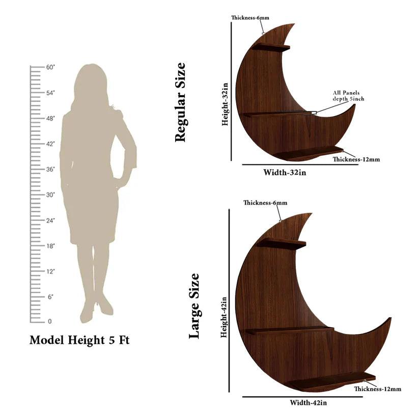 Moon Backlit Designer Wooden Wall Shelf / Book Shelf, Walnut Finish - Decor Mantra 